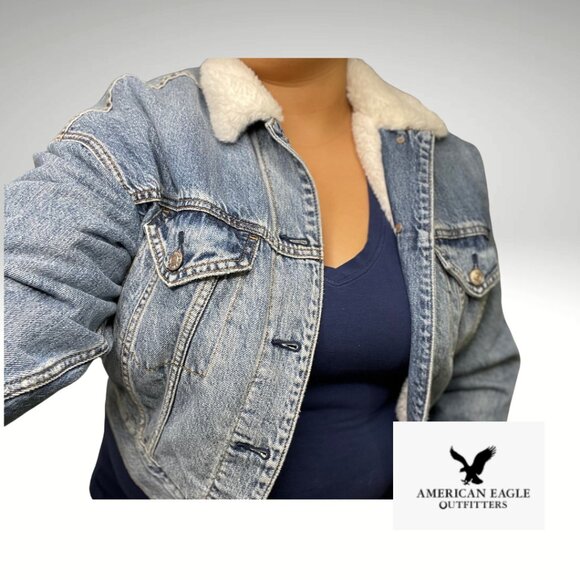 Vintage American Eagle Crop Jean Jacket with Faux Fur Lining 🧥🍂 - Picture 1 of 5